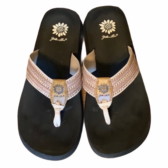 yellow box rose gold flip flops